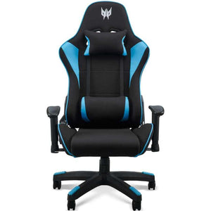 Acer Predator gaming chair with black and blue upholstery, featuring lumbar support pillow, 4D adjustable armrests, high backrest with Predator logo, and five-point base with caster wheels