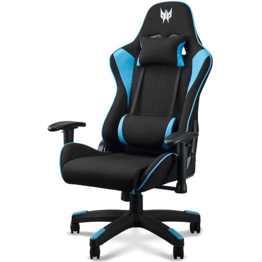 Acer Predator gaming chair in black and blue with lumbar support cushion, 4D adjustable armrests, high-back design, and five-wheel base with casters