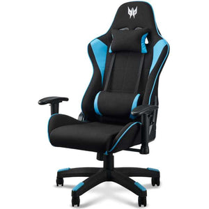 Acer Predator gaming chair in black and blue with lumbar support cushion, 4D adjustable armrests, high-back design, and five-wheel base with casters