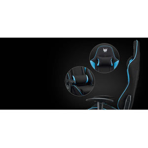 Acer Predator gaming chair with black faux leather upholstery and blue accent trim, featuring lumbar support pillow and 4D adjustable armrests, shown with close-up detail views of headrest and side panel