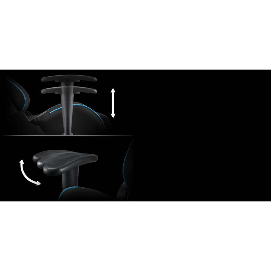 Acer Predator gaming chair showing adjustable height mechanism with white arrows and 4D armrest adjustment with curved arrow, featuring black seat with blue accent piping and black gas lift cylinder against dark background