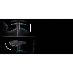 Acer Predator gaming chair showing adjustable height mechanism with white arrows and 4D armrest adjustment with curved arrow, featuring black seat with blue accent piping and black gas lift cylinder against dark background