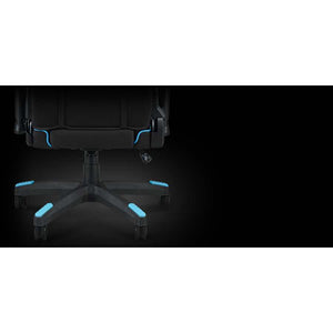 Acer Predator gaming chair shown from front and top view featuring black mesh back and seat with blue accent trim, 4D adjustable armrests, five-point star base with blue accents, and lumbar support design