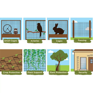 Infographic showing eight illustrated uses for galvanised wire netting including small cages for rodents, aviaries for birds, rabbit cages, garden fencing, crop protection netting, climbing plant support, tree protection guards, and security screening for buildings