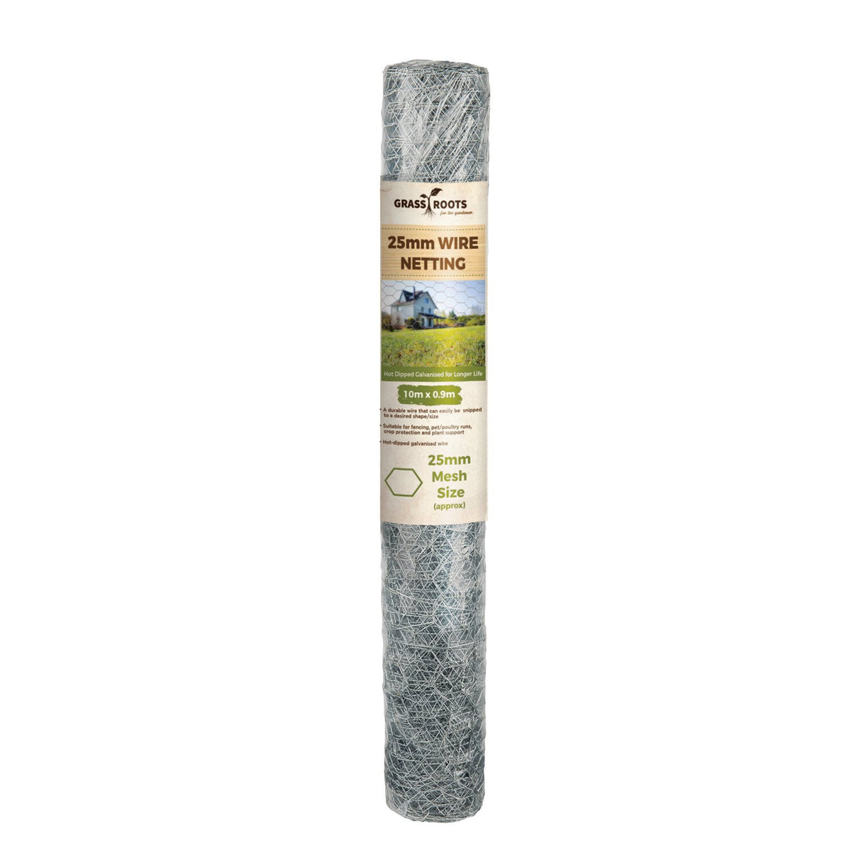 Grass Roots 25mm galvanised wire netting roll 10 metres x 0.9 metres with hexagonal mesh pattern in silver grey, displayed against white background with product label and branding visible