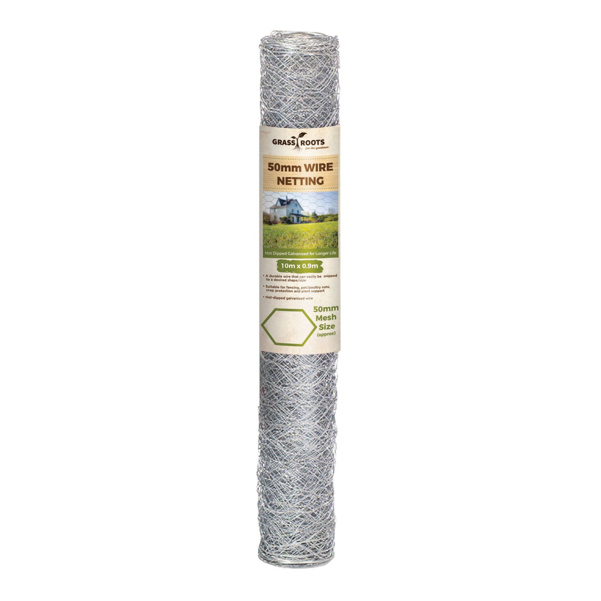 Grass Roots 50mm galvanised wire netting roll 10m x 0.9m with tan and green packaging label showing rural farmhouse imagery