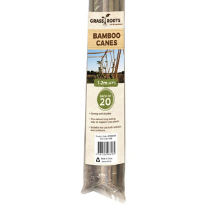 Grass Roots pack of 20 natural bamboo canes 1.2m tall with cream and green packaging showing product details and barcode, suitable for garden plant support indoors and outdoors
