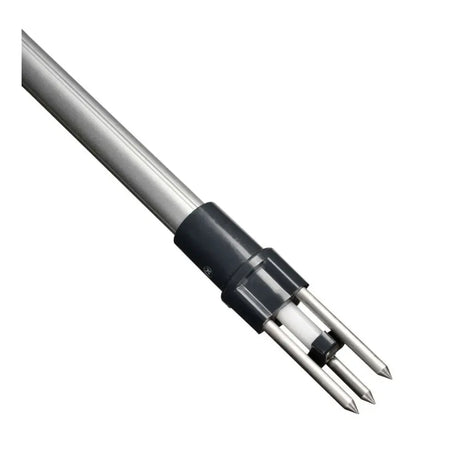 Burgon and Ball Wonder Weed Puller tool featuring a long grey metal shaft with black grip handle and three silver pronged tips for extracting weeds from garden soil