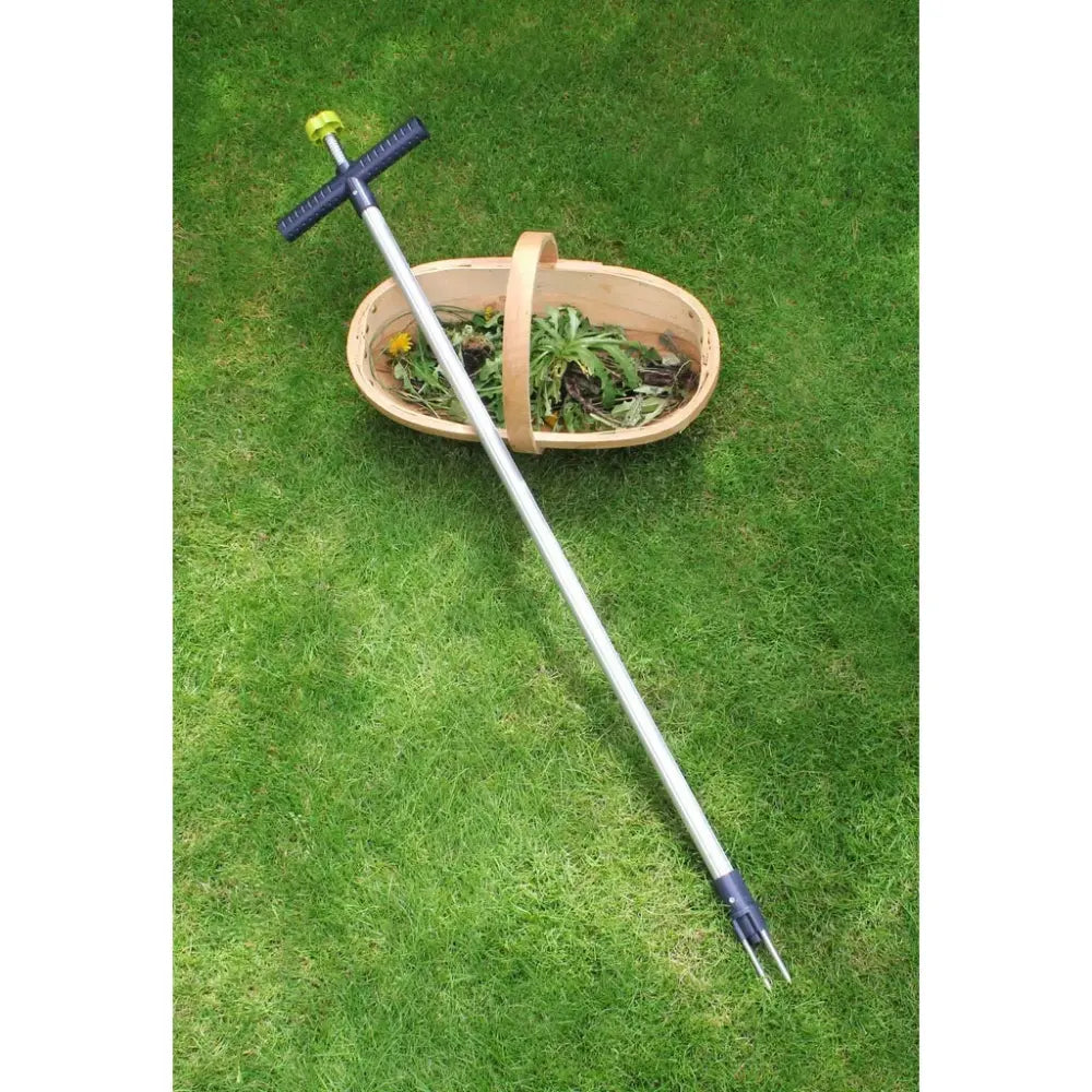 Burgon and Ball Wonder Weed Puller displayed on grass next to woven basket containing weeds and dandelion flowers, showing silver aluminum shaft with black grip handles and forked metal foot for extracting weeds