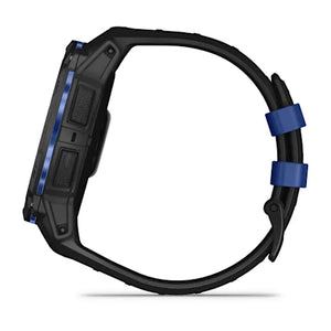 Black smartwatch with blue band on a white background