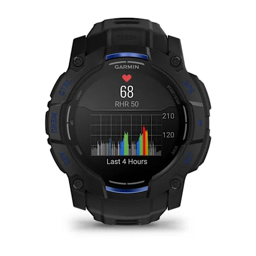 Garmin smartwatch with display showing heart rate and activity data on a white background