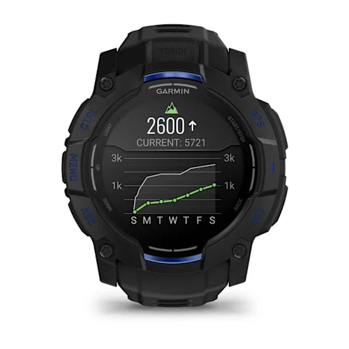 Black smartwatch with blue band on a white background