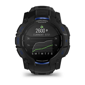 Black smartwatch with blue band on a white background