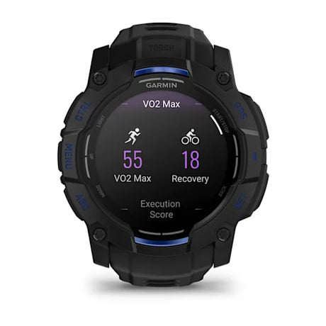 Garmin smartwatch displaying fitness metrics on a white background