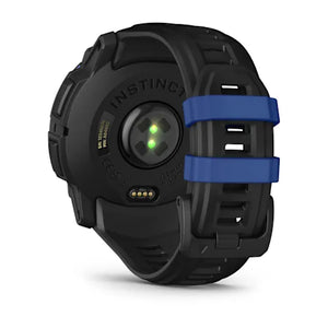 Black smartwatch with blue band on a white background