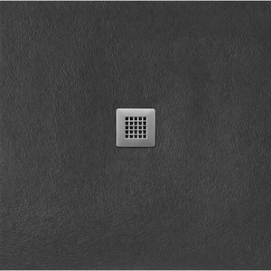Flair Gemstone Slate Square Tray with integrated stainless steel drain grate on dark textured slate surface, showing 25mm height design for modern bathroom flooring