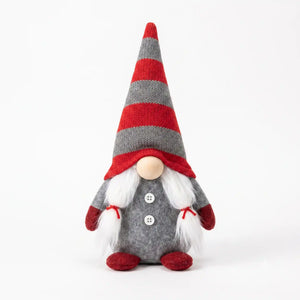 Three Kings Mrs Yule plush gonk with red and grey striped hat, white plaited hair, grey body with buttons and red mittens and feet