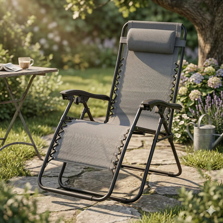 Euroactive Zero Anti Gravity Recliner Chair in graphite with black metal frame, featuring adjustable headrest and reclining position, displayed on a garden patio surrounded by flowering plants and garden furniture