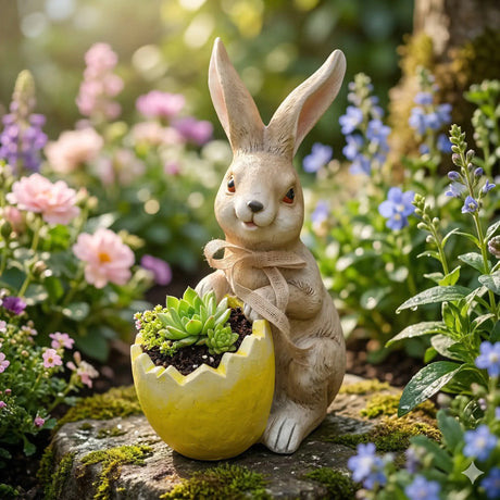 Ceramic rabbit garden planter with yellow eggshell holding green succulents, surrounded by pink and blue flowers in a garden setting