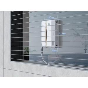 Ecovacs Winbot Mini beige robot window vacuum cleaner mounted on glass window with dimensions showing 215mm height and 55mm depth, white device with control panel attached to window pane