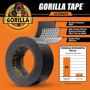 Gorilla Tape Ultimate black duct tape roll with product features diagram showing weather resistant shell, high tensile cloth reinforcement, and double-thick adhesive, alongside tensile strength chart comparing 5x stronger performance against standard Gorilla Tape
