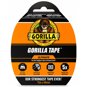 Gorilla Tape Ultimate packaging showing black and orange dispenser roll with gorilla logo, 11m x 48mm black tape, featuring 350kg hold capacity and 5x stronger claims
