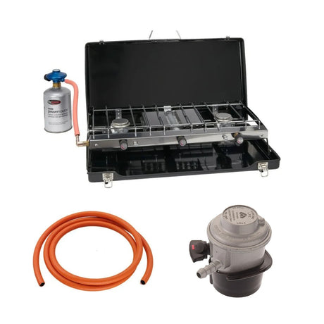 Gosystem GS2300 double burner gas stove and grill in black carry case shown with an orange Easi Plumb 1.2m rubber gas hose and a Jumbo butane clip-on gas regulator