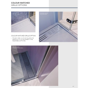 Colour matched grille options for shower trays including white, flint grey and graphite black finishes displayed with coordinating slate gemstone rectangular trays