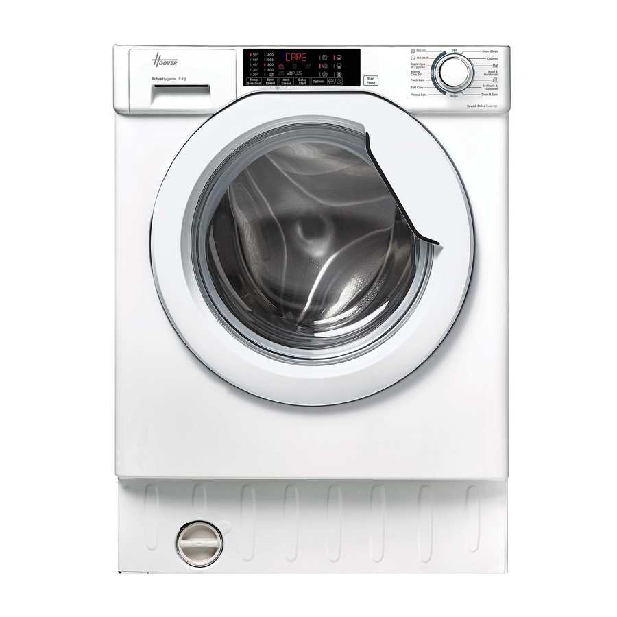 Hoover H-Wash 300 white integrated built-in washing machine with 9kg capacity and 1400 spin, featuring digital display control panel, stainless steel drum, and chrome door handle