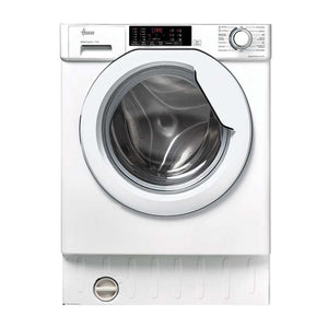 Hoover H-Wash 300 white integrated built-in washing machine with 9kg capacity and 1400 spin, featuring digital display control panel, stainless steel drum, and chrome door handle