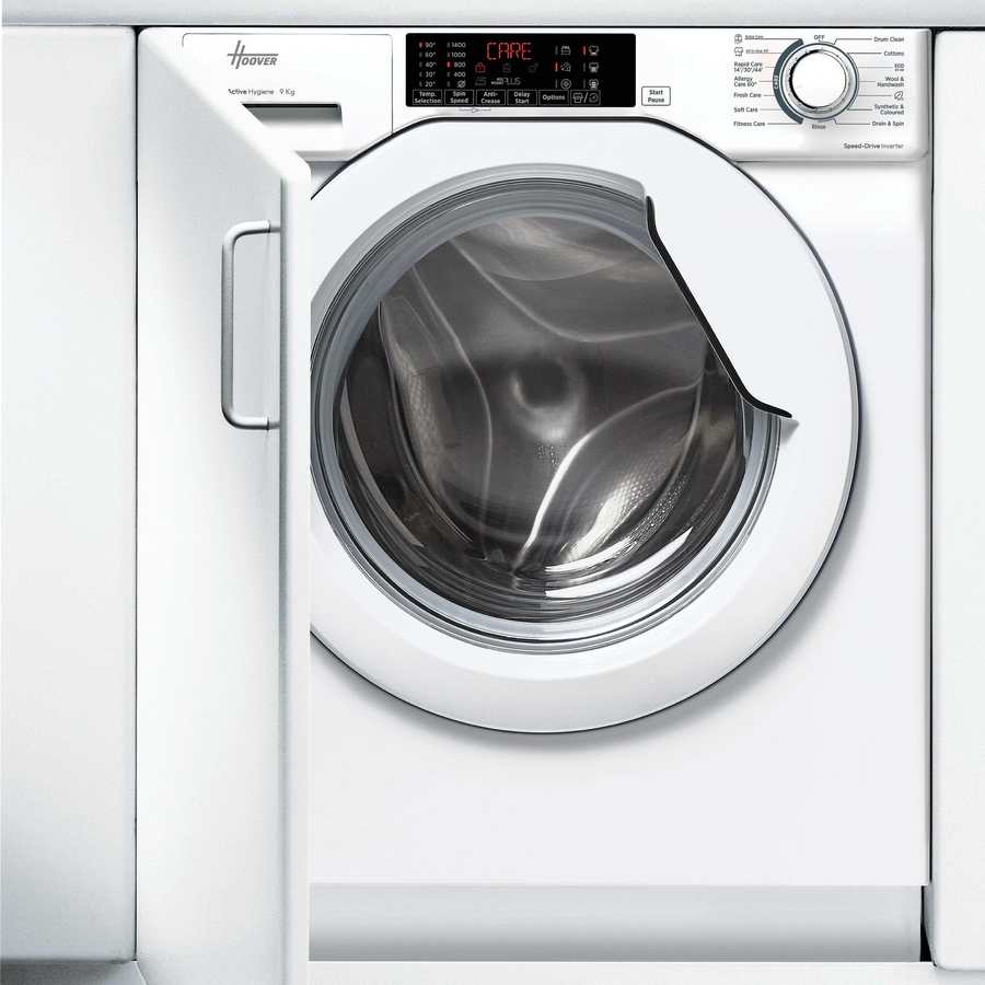 Hoover H-Wash 300 white integrated built-in washing machine with 9kg capacity and 1400 spin speed, featuring digital display panel and stainless steel drum viewed from front