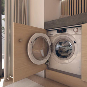Hoover H-Wash 300 integrated washing machine with open wooden cabinet doors showing white front-load washer with digital display in modern laundry room setting with beige curtains and grey accents