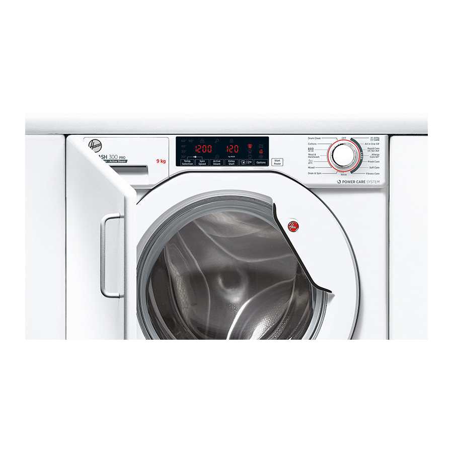 Hoover H-Wash 300 white integrated washing machine with 9kg capacity and 1400 spin speed, featuring digital display, control panel with dial, and stainless steel drum visible through porthole door