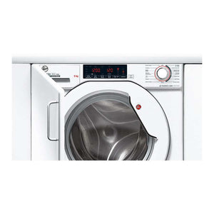Hoover H-Wash 300 white integrated washing machine with 9kg capacity and 1400 spin speed, featuring digital display, control panel with dial, and stainless steel drum visible through porthole door