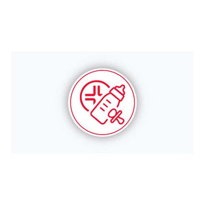 Red line icon in circular badge showing a no-bleach symbol with a bottle and cross, indicating bleach-free washing machine care instructions