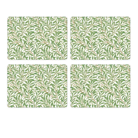 Set of four rectangular placemats featuring William Morris Willow Bough pattern with green and cream leafy botanical design on white background