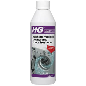 HG Laundry Room washing machine cleaner and odour freshener 550g bottle with white cap and purple label showing washing machine imagery and bubbles