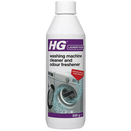 HG Laundry Room washing machine cleaner and odour freshener 550g bottle with white cap and purple label showing washing machine imagery and bubbles