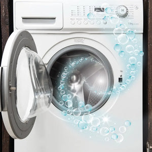 White front-load washing machine with open door displaying drum interior, decorative blue soap bubbles graphic overlay, control panel visible at top showing 7.0kg capacity and various wash settings