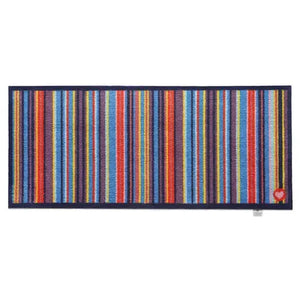 Hug Rug Runner Mat 65cm x 150cm striped design featuring vertical stripes in red, blue, orange, green and navy on dark navy border, flat lay product view