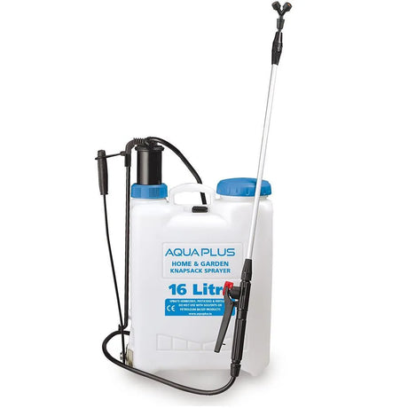 AquaPlus Home and Garden Knapsack Sprayer 16 litre white plastic tank with blue caps and black shoulder straps, featuring dual spray wands and pump handle for herbicides and pesticides