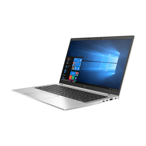 Silver HP EliteBook 840 G7 laptop with 14-inch display showing Windows 10 start menu, black keyboard, and right-side ports, displayed at an angle on white background
