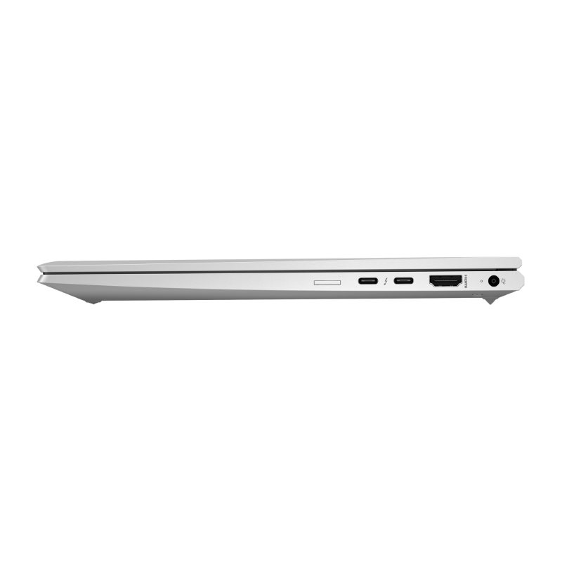 Side view of a silver HP EliteBook 840 G7 laptop showing right-side ports including USB-A, two USB-C Thunderbolt ports, HDMI output, headphone jack, and power button against a white background