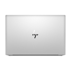 Silver HP EliteBook 840 G7 laptop closed lid showing HP logo on brushed aluminum cover viewed from above