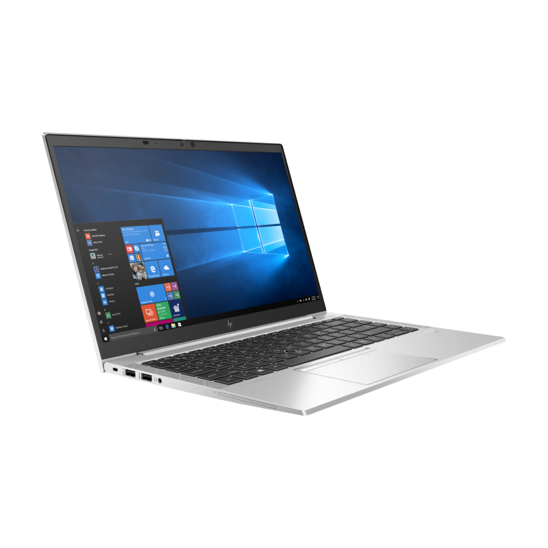 Silver HP EliteBook 840 G7 laptop with 14-inch display showing Windows 10 desktop, black keyboard, and ports visible on left side, photographed against white background