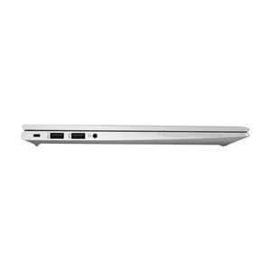 Side profile view of silver HP EliteBook 840 G7 laptop showing USB ports, headphone jack, and optical drive slot on chassis edge