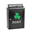 Black diecast metal post box with green shamrock clover design and white POST text, featuring a hinged front door and sloped roof top lid