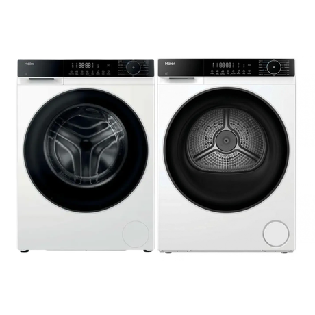 Haier X Series 5 white washing machine and heat pump dryer bundle with black trim and digital display panels side by side