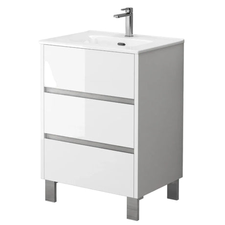 Modern white gloss freestanding bathroom vanity unit with three drawers, chrome handles and feet, topped with a white ceramic basin and chrome single-lever mixer tap, 60cm width