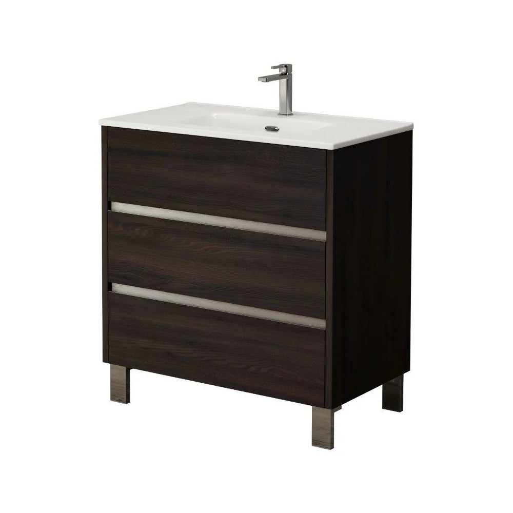 Dark wenge freestanding bathroom vanity unit with white ceramic basin, chrome tap, two drawers with brushed metal handles and wooden legs, 80cm width